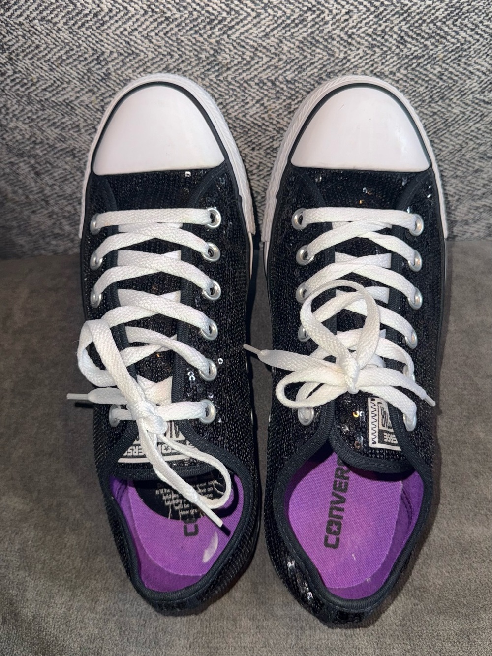 Converse Sequins Black Low-Top Sneakers with White Trim and Purple Insole - Picture 3 of 4